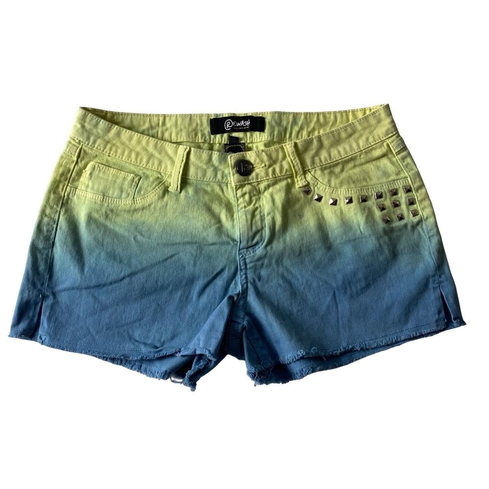 Rewash Jean Shorts Junior Sz 7 Green Blue Ombré Denim Y2K Silver Studs 3” Inseam